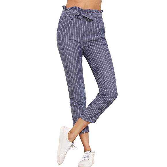Pants - High-waisted striped taper pants